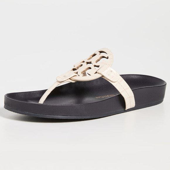Tory Burch CROC EMBOSSED Miller Cloud Leather Thong Slides New Ivory Cream Navy - Picture 2 of 7
